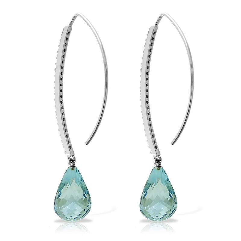 14K Solid White Gold Diamonds Fish Hook Earrings with Dangling Briolette Blue Topaz