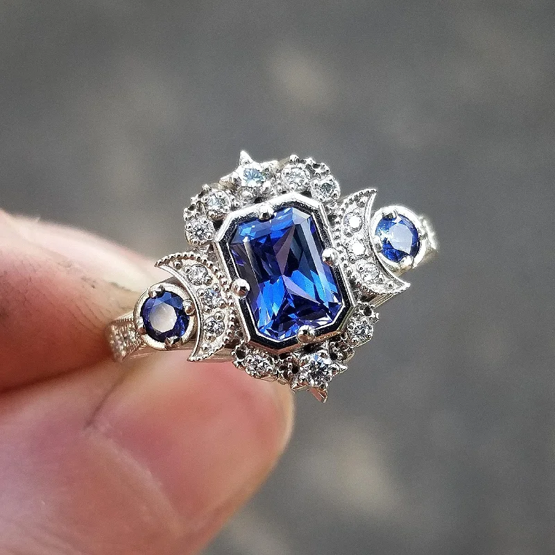 Radiant Blue Sapphire Selene Crescent Moon Engagement Ring - Diamonds and Blue Chatham Sapphires - 14k Gold