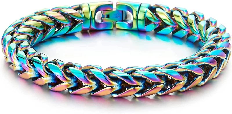 COOLSTEELANDBEYOND Mens Women Steel Franco Link Curb Chain Bracelet, Oxidized Rainbow, Minimalist, Rock Punk