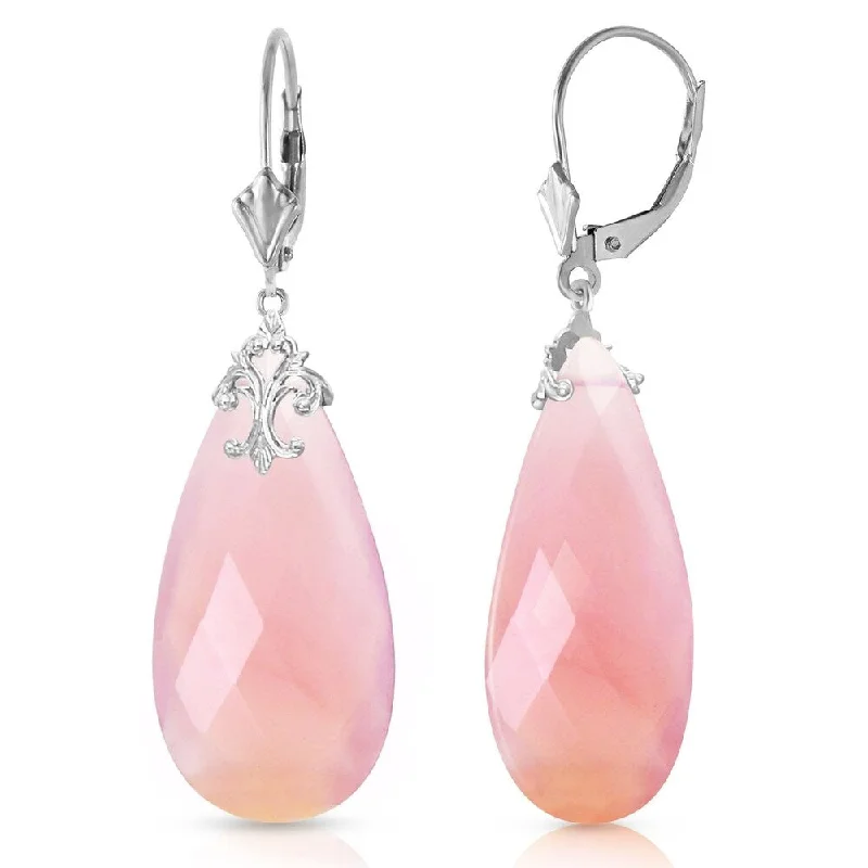 14K Solid White Gold Leverback Earrings with Briolette 31x16 mm Pink Chalcedony