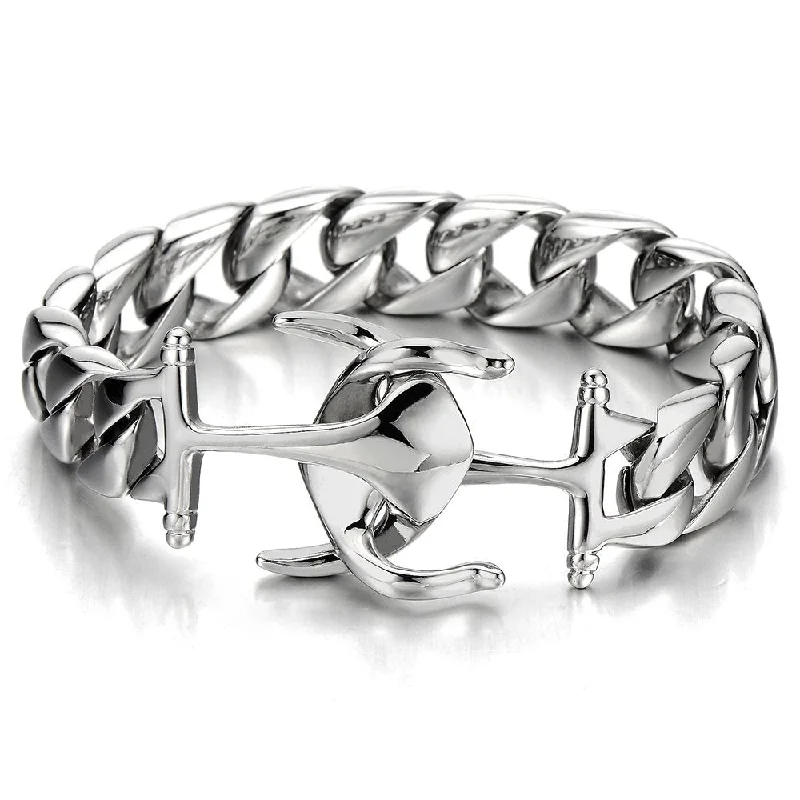 Exquisite Stainless Steel Mens Marine Anchor Curb Chain Bangle Bracelet Silver Color Polished