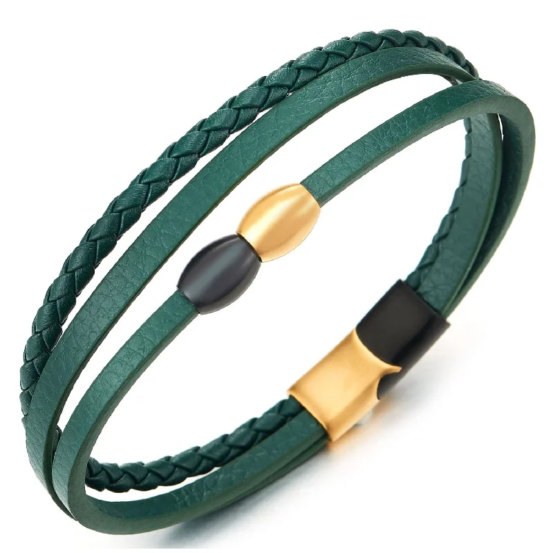 Three-Strand Green Braided Leather Bangle Bracelet with Gold Black Steel Bead Charm, Magnetic Clasp