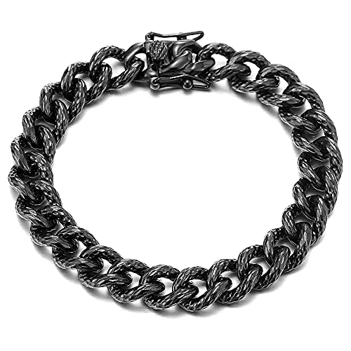 Men’s Stainless Steel Black Textured Curb Chain Bangle Bracelet, Unique Minimalist