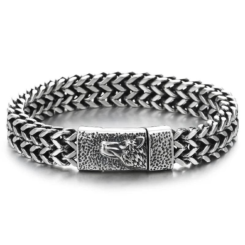 Mens Unique Steel Double Square Franco Chain Bracelet with Wolf Head Magnetic Box Clasp Polished