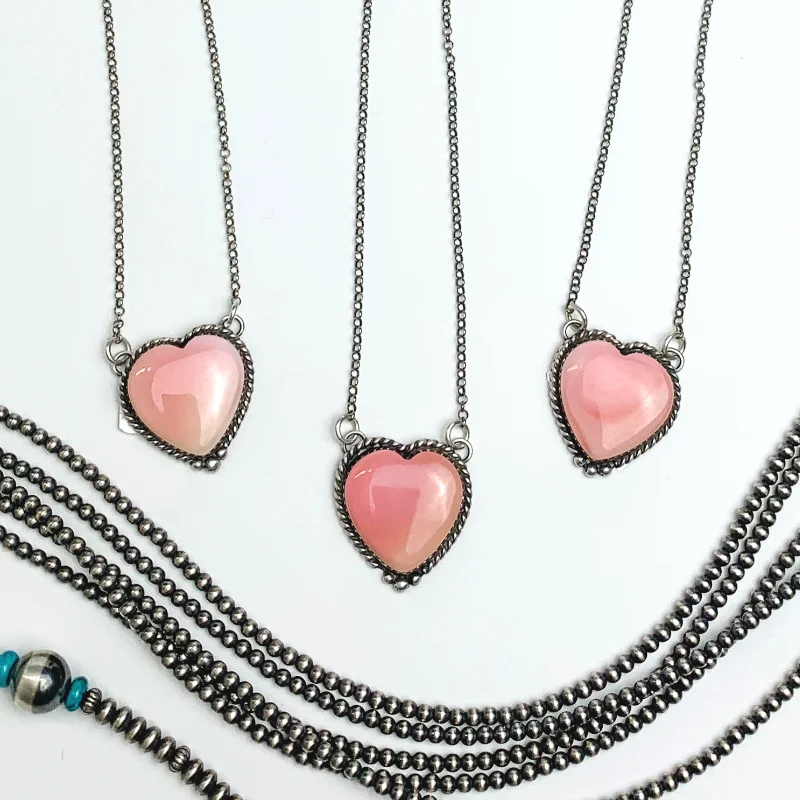 Cliffton Yazzie | Navajo Handmade Sterling Silver Chain Necklace with Pink Conch Heart Pendant