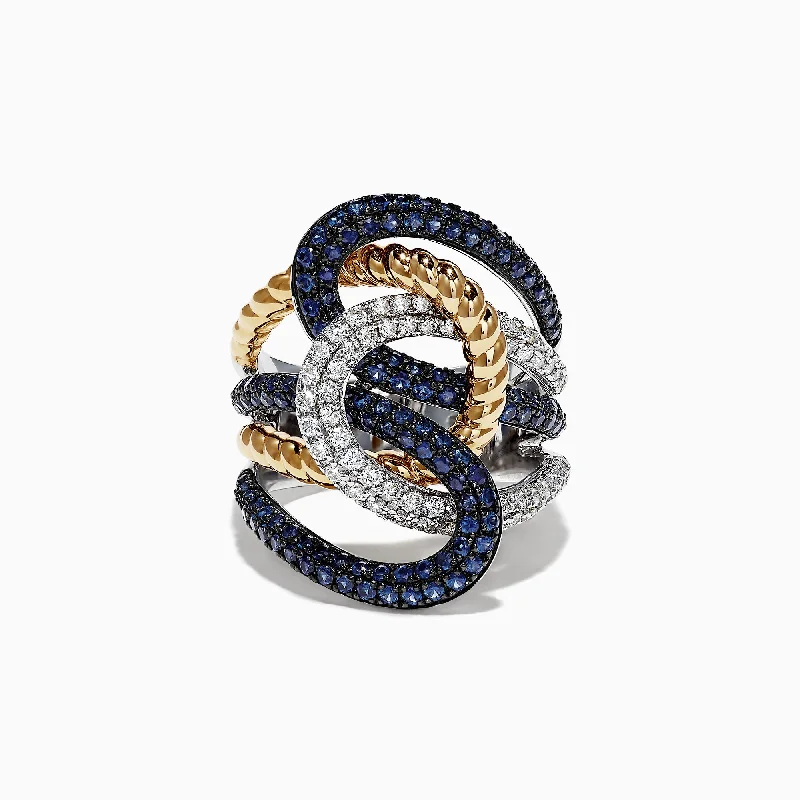 Royale Bleu 14K 2-Tone Gold Sapphire and Diamond Rope Ring, 2.39 TCW