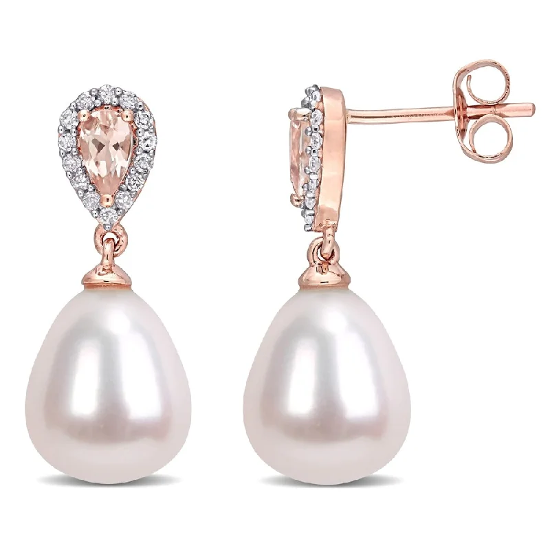 Miadora 10k Rose Gold Cultured FW Pearl, 1/6ct TDW Diamond & Morganite Drop Halo Earrings (9-9.5 MM)