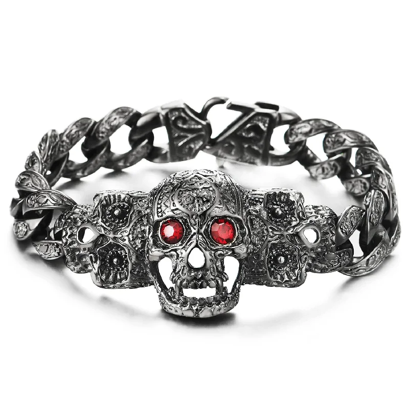 Mens Grey Black Steel Fancy Curb Chain Bracelet with Sugar Skulls Charm Red Cubic Zirconia Eyes