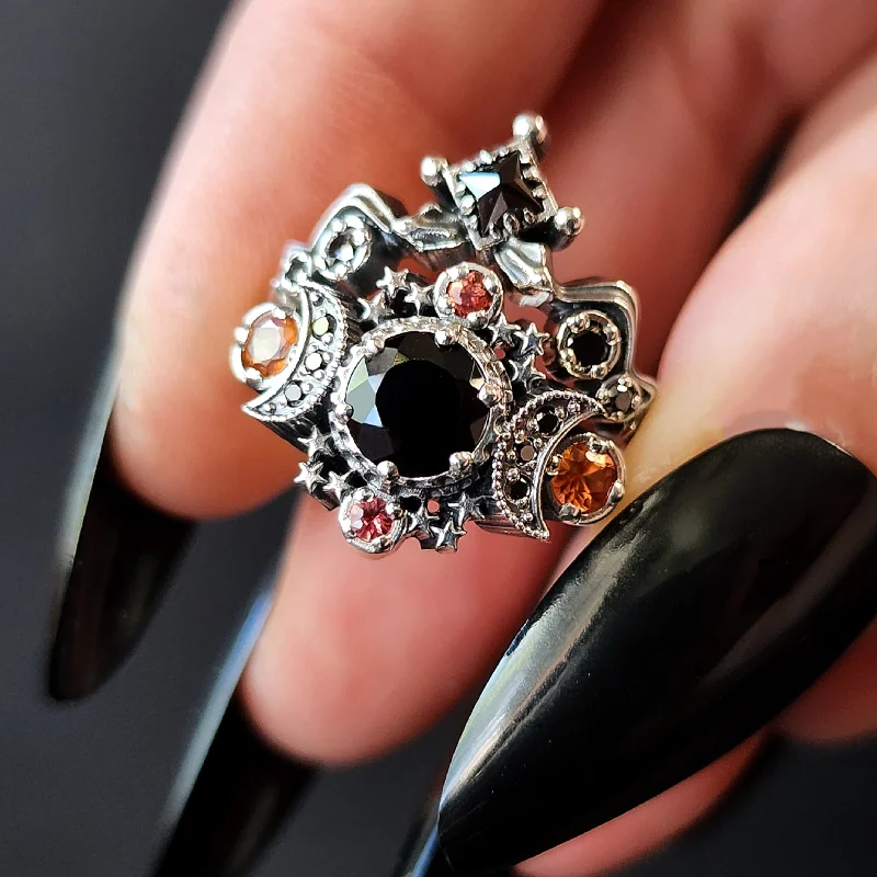 Black Spinel & Orange Sapphire Moon and Snake Engagement Ring Set 3 Stone Ring Triple Moon Gothic Fantasy Jewelry