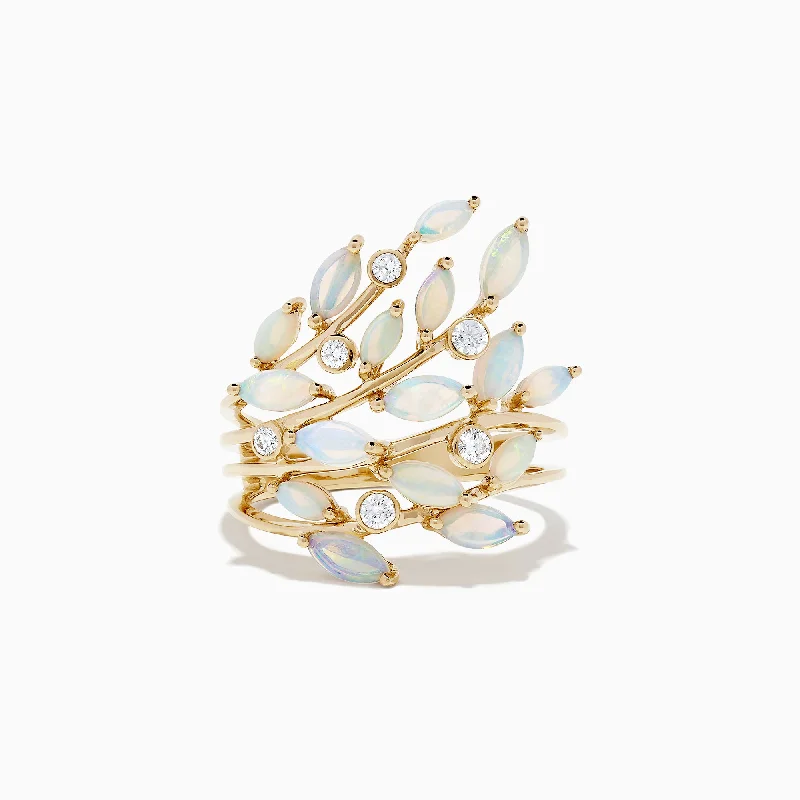 Aurora 14K Yellow Gold Opal and Diamond Filagree Leaf Ring, 1.81 TCW