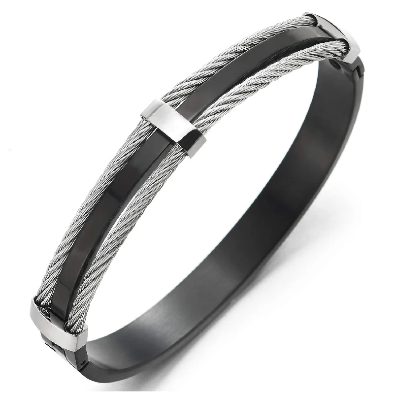 Mens Womens Stainless Steel Oval Bangle Bracelet with , Silver Black Two-Tone Polished