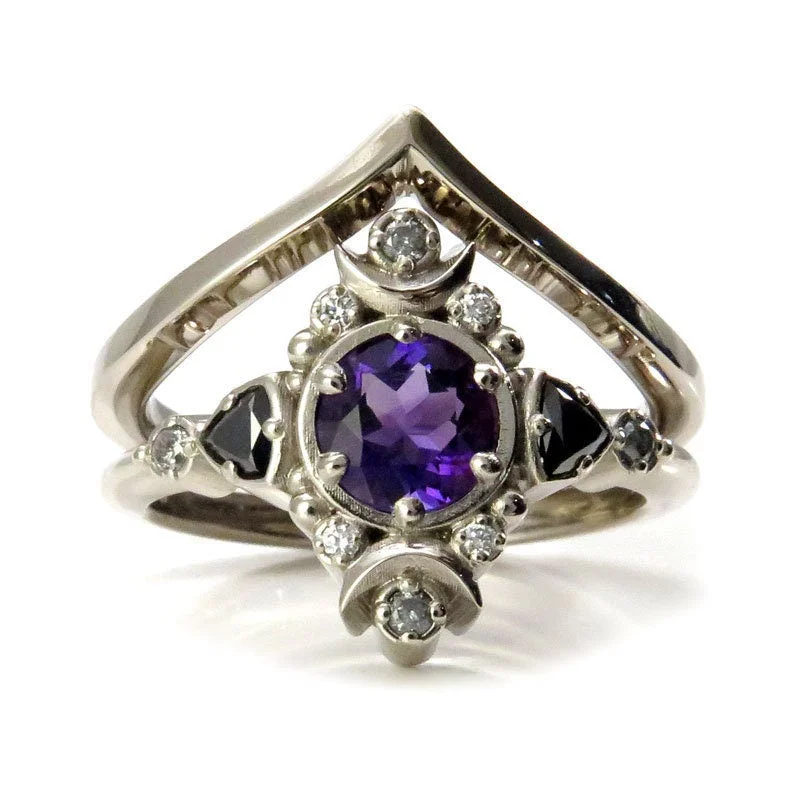 Ready to Ship Size 6 - 8 - Amethyst Moon Empress Engagement Ring Set with Black Diamond Trillions- 14k Palladium White Gold