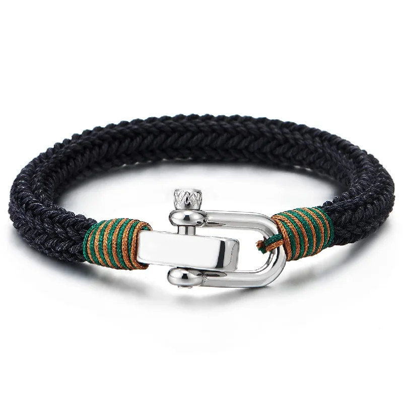 Large Braided Cotton Rope Mens Womens Stainless Steel Nautical Screw Anchor Shackle Wrap Bracelet