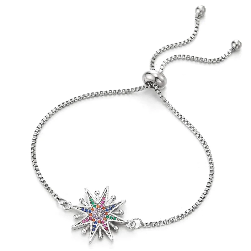 Womens Stainless Steel Link Chain Bracelet with Colorful Cubic Zirconia Star, Adjustable, Exquisite