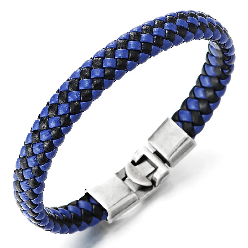 Black Blue Braided Leather Bracelet for Man Women, Leather Bangle Wristband, Vintage Hook Clasp