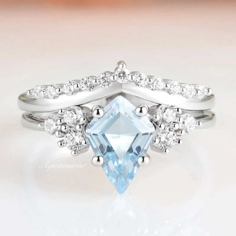 Skylar Aquamarine Engagement Ring Set- 14K Solid White Gold