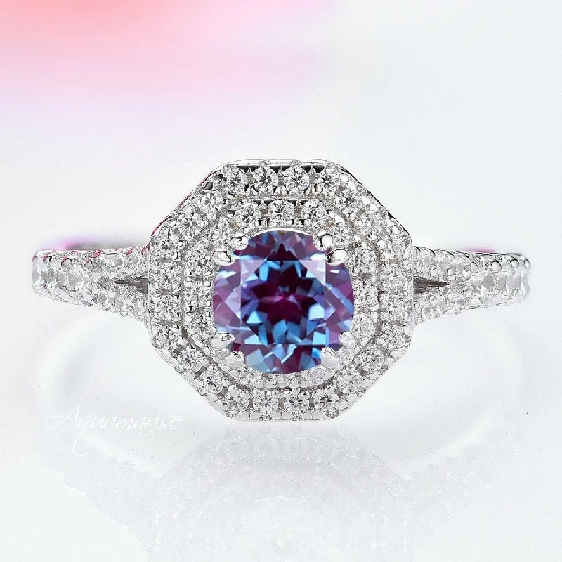 Hexagon Teal & Purple Alexandrite Engagement Ring- 14K White Gold