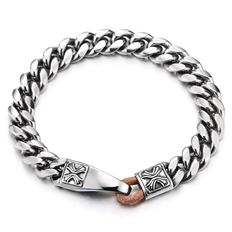 Unique Mens Womens Stainless Steel Curb Chain Bracelet, Hook Clasp with Cross