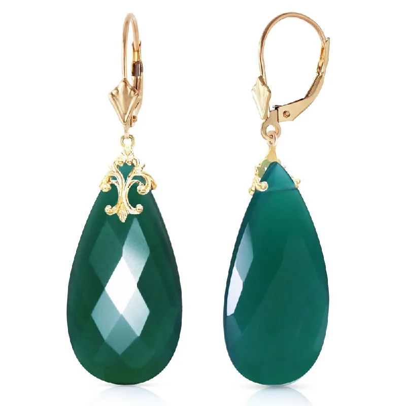 14K Solid Gold Leverback Earrings with Briolette 31x16 mm Deep Green Chalcedony