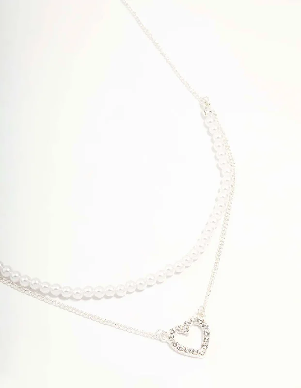 Silver Pearl & Diamante Heart Layered Necklace