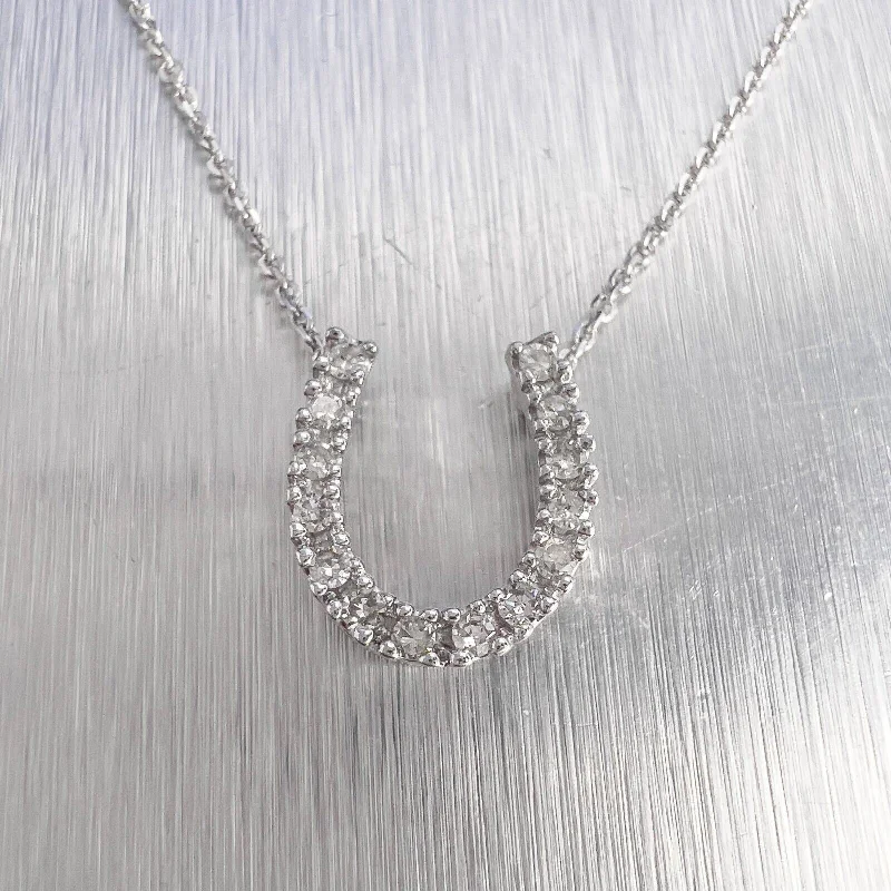 14k White Gold Single Cut Diamond Horseshoe Pendant Necklace 17.5" 0.20ctw