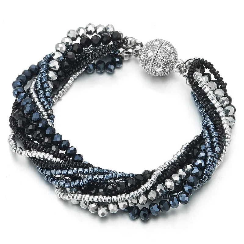 Silver Black Dark Blue Crystal Beads Multi-Strand Bracelet with Rhinestone Ball Charm Magnetic Clasp