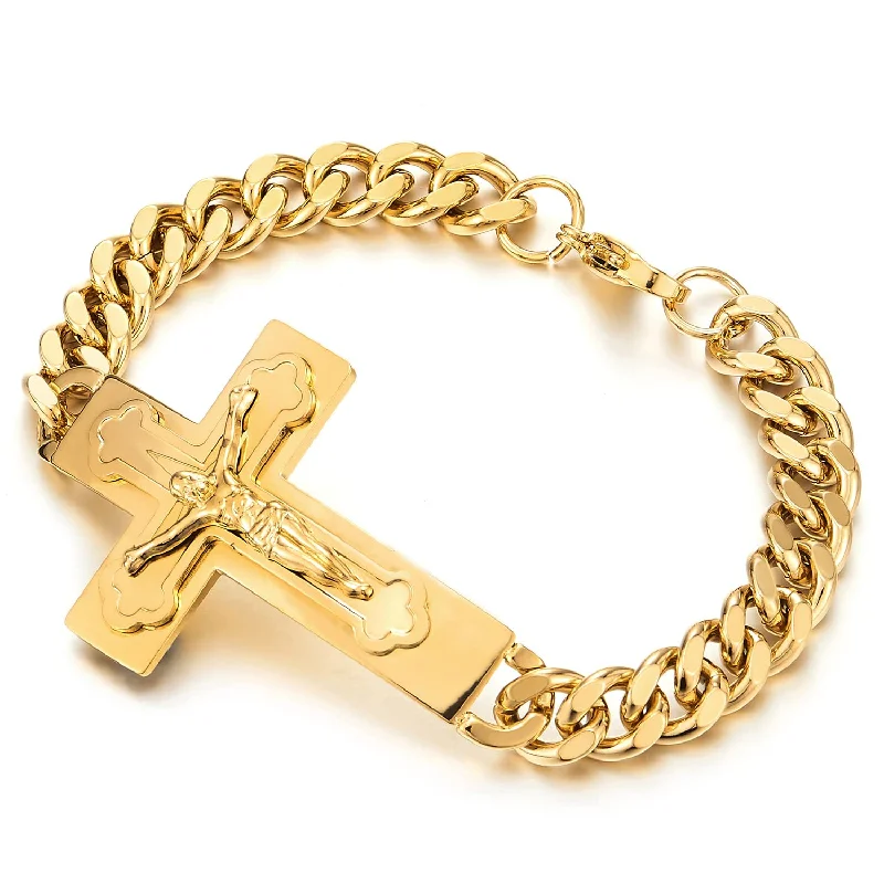 Mens Stainless Steel Jesus Chris Crucifix Cross Bracelet Curb Chain Gold Color Polished