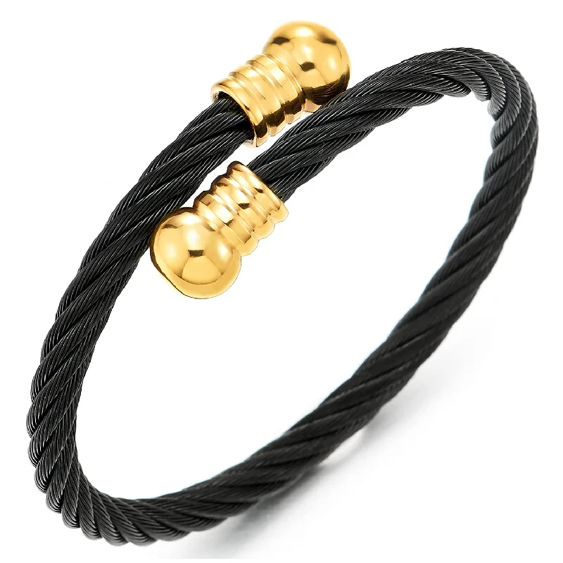 Elastic Adjustable Gold Black Stainless Steel Open Cuff Bangle Bracelet for Men Women