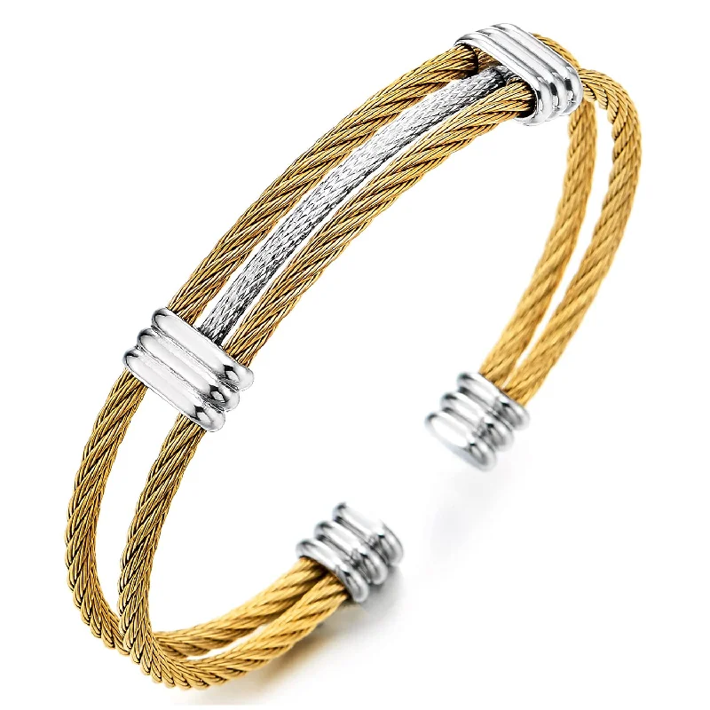 Men Women Stainless Steel Adjustable Cuff Bangle Bracelet Silver Gold Two Tone