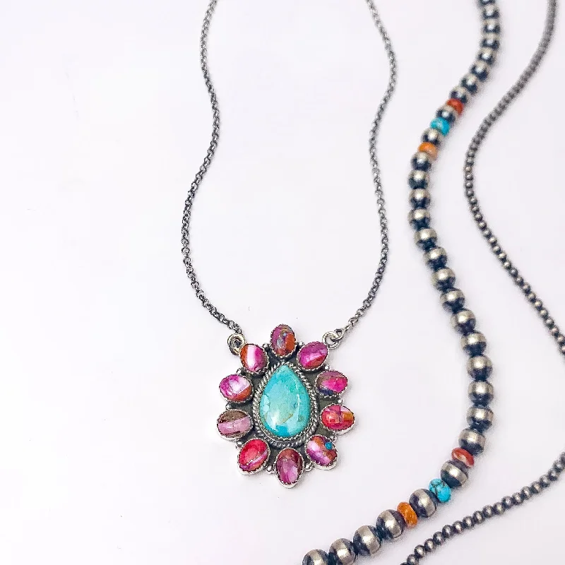 Hada Collection | Handmade Sterling Silver Necklace with Turquoise Teardrop Center and Remix Outline