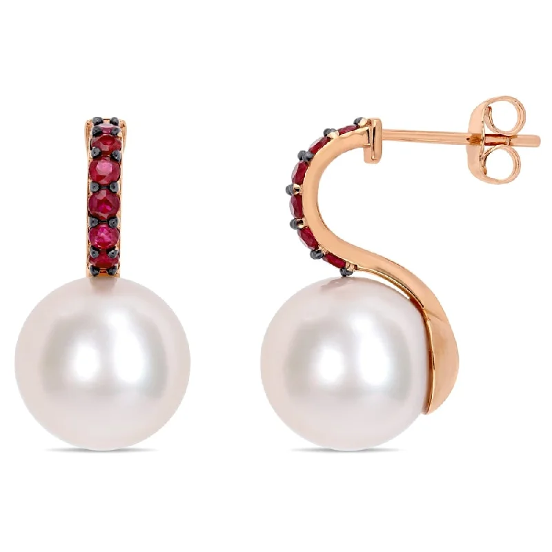 Miadora 10k Rose Gold Cultured Freshwater Pearl Ruby Drop Earrings (11-12mm)