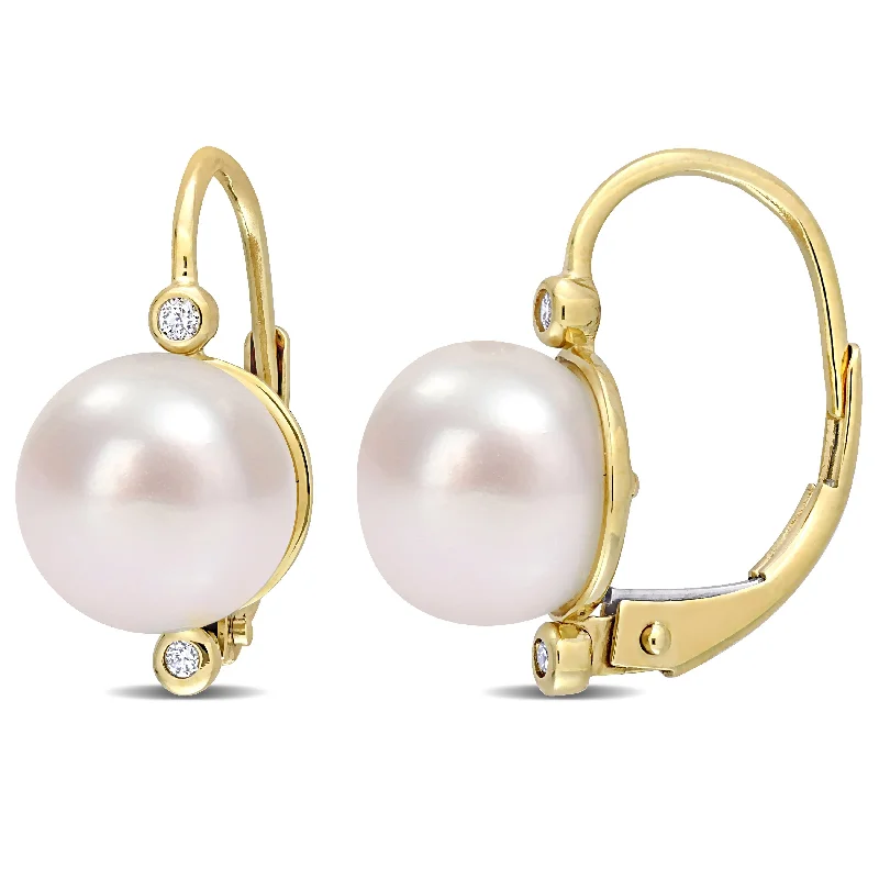 Miadora Cultured Freshwater Pearl & Diamond Accent Leverback Earrings in 10k Yellow Gold (8-8.5mm)