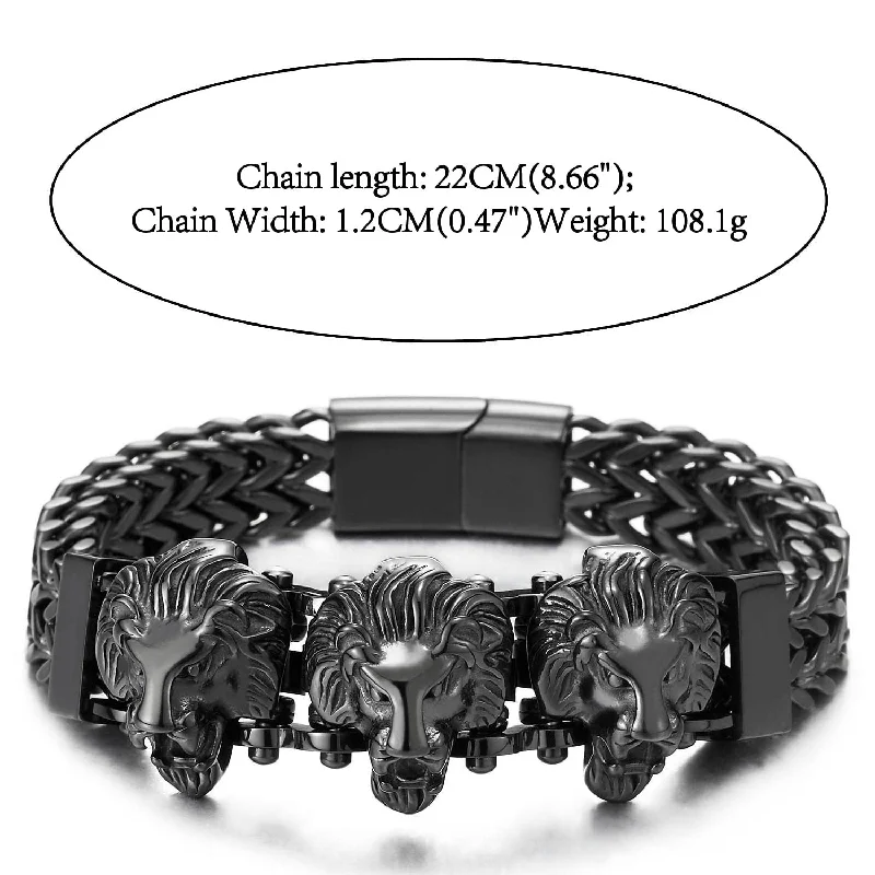 Steel Double Square Franco Link Bike Chain Three Lion Heads Bracelet, Magnetic Clasp