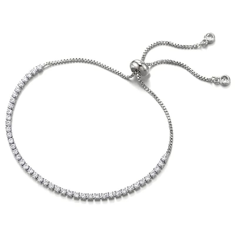 Womens Box Link Chain Bracelet with Journey Cubic Zirconia Pave String, Adjustable