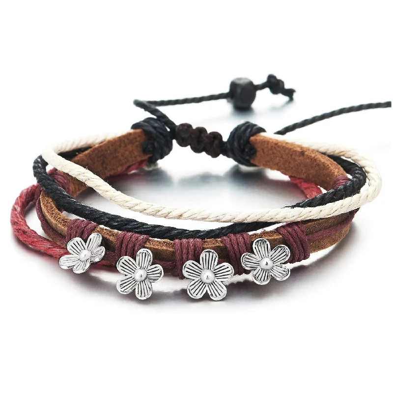 Tribal Multi-Strand Brown Leather Cotton Strap Wristband Bracelet with Flower Charm, Colorful Cotton