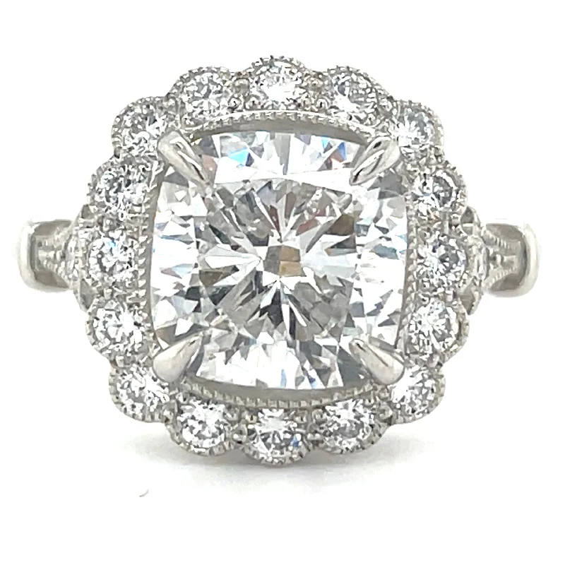 Harper - Platinum 3.02ct Laboratory Grown Cushion Halo Deco Style Diamond Engagement Ring