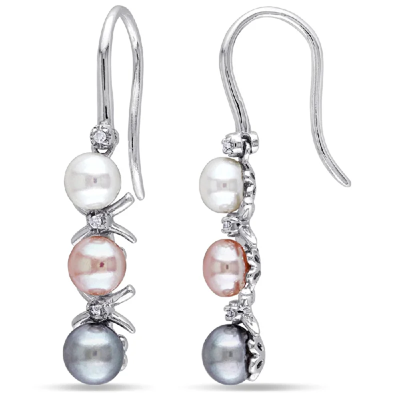 Miadora Sterling Silver Cultured Freshwater Pearl and Diamond Accent Dangle Earrings (4-5.5 mm)