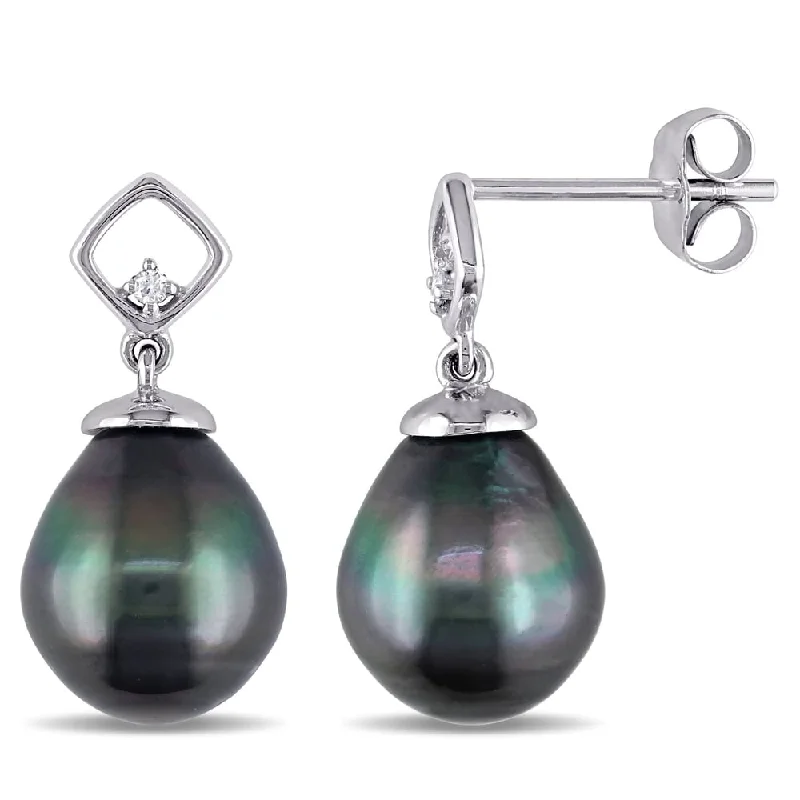 Miadora 10k White Gold Tahitian Pearl and Diamond Earrings (8-8.5 mm)