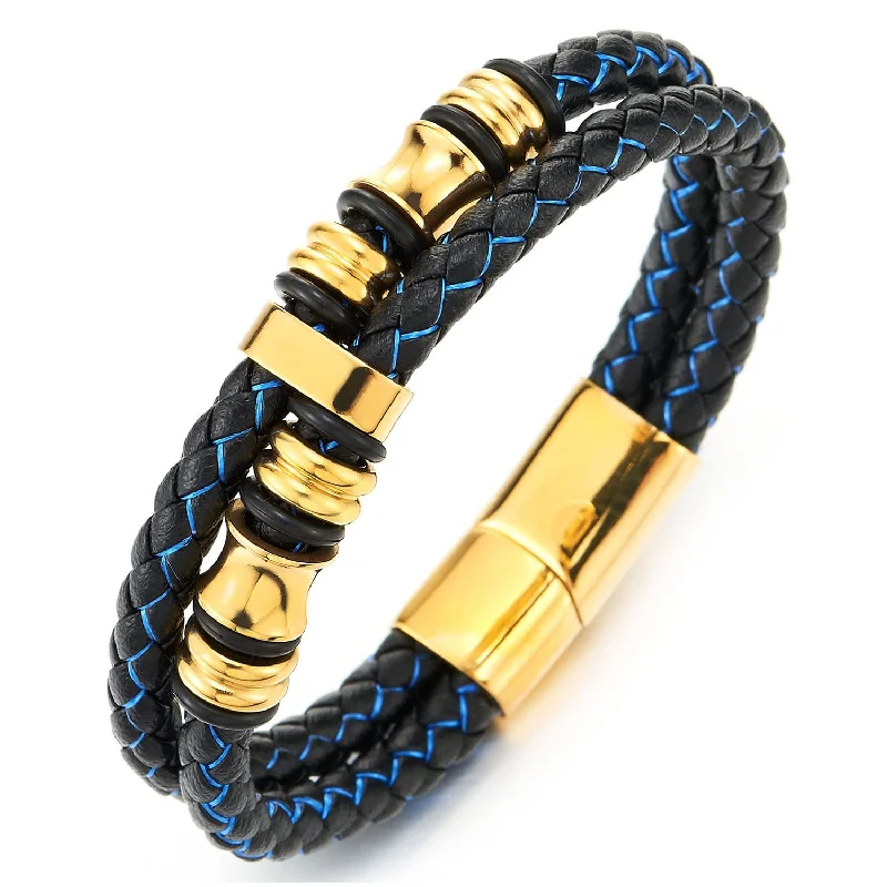 Mens Double-Row Black Blue Braided Leather Bracelet Bangle Wristband with Gold Steel Ornaments