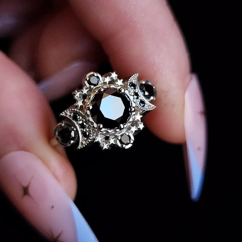 Black Diamond Gothic Moon Engagement Ring Cosmos Triple Moon 3 Stone Ring with Stars Dark Wedding Jewelry