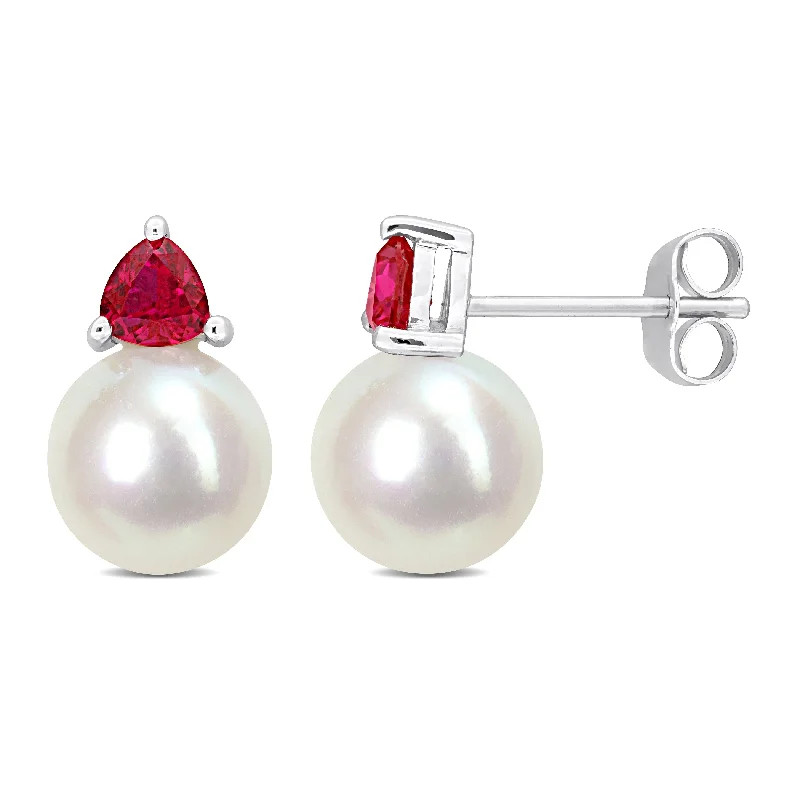 Miadora 8-8.5mm Cultured Freshwater Pearl and 3/5ct TGW Created Ruby Stud Earrings in 10k White Gold - 13 mm x 8.5 mm x 8.5 mm