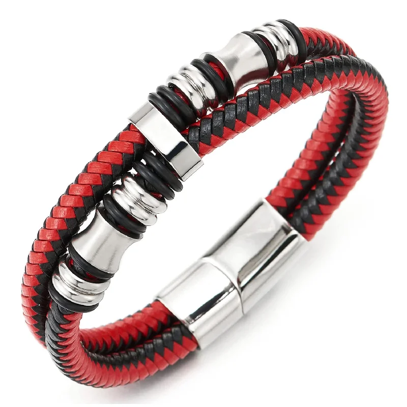 Mens Double-Row Black Red Braided Leather Bracelet Bangle Wristband with Silver Steel Ornaments