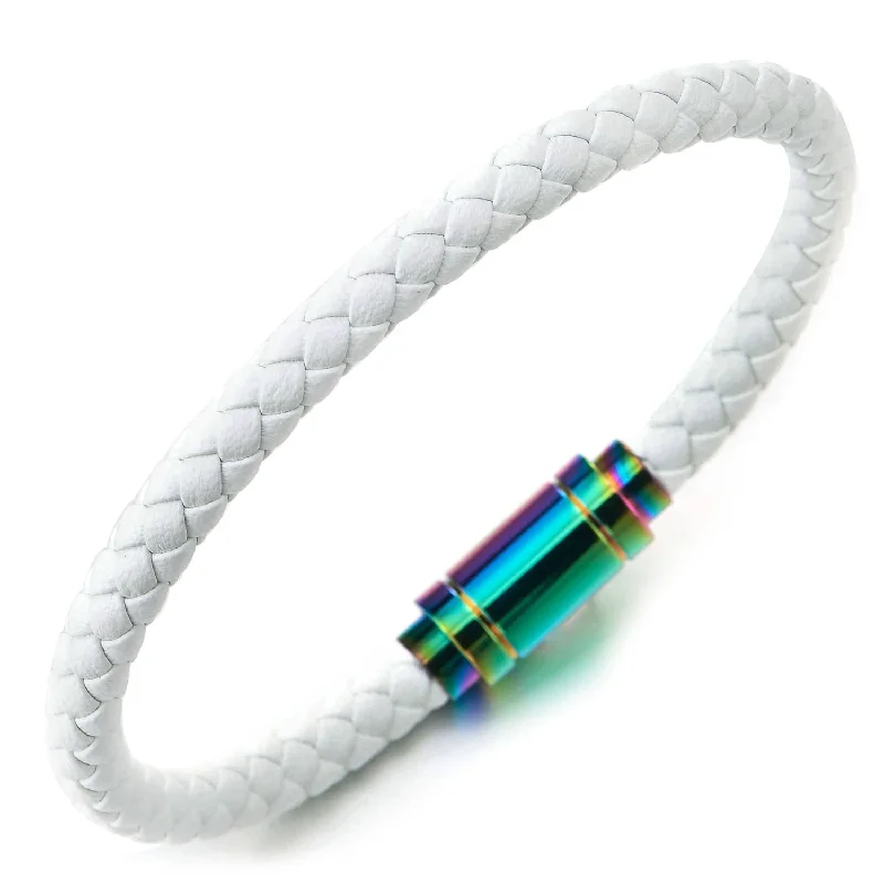 Thin White Braided Genuine Leather Bangle Bracelet for Men Women, Rainbow Oxidized Magnetic Clasp