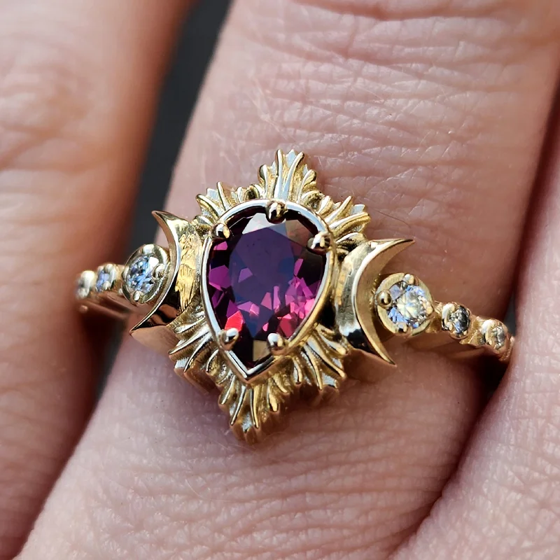 Pear Rhodolite Garnet Engagement Ring with Crescent Moons and Diamonds - Moon Fire Celestial 14k Yellow Gold Wedding Ring