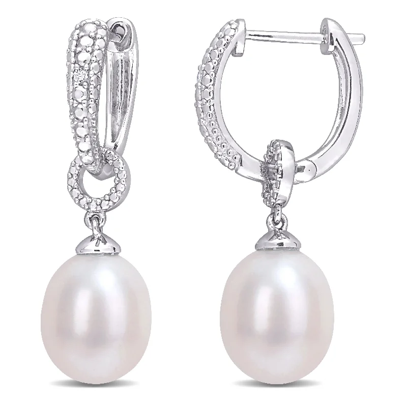 Miadora Sterling Silver Cultured Freshwater Pearl and Diamond Accent Cuff Drop Earrings (8-8.5mm)