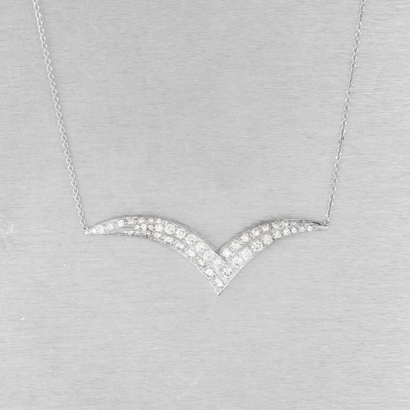 Estate 14k White Gold Diamond Chevron Pendant Necklace 17.5" 1.03ctw VINTAGE