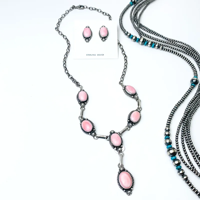 Donovan Skeets | Navajo Handmade Sterling Silver & Pink Conch Stones Lariat Necklace + Matching Earrings