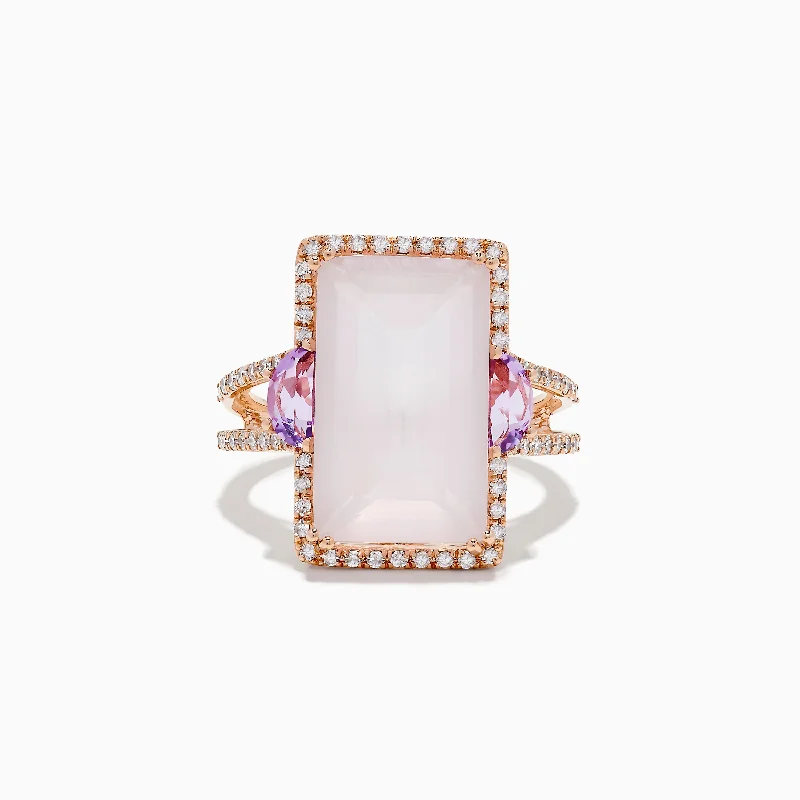 14K Rose Gold Pink Rose Quartz, Pink Amethyst and Diamond Ring