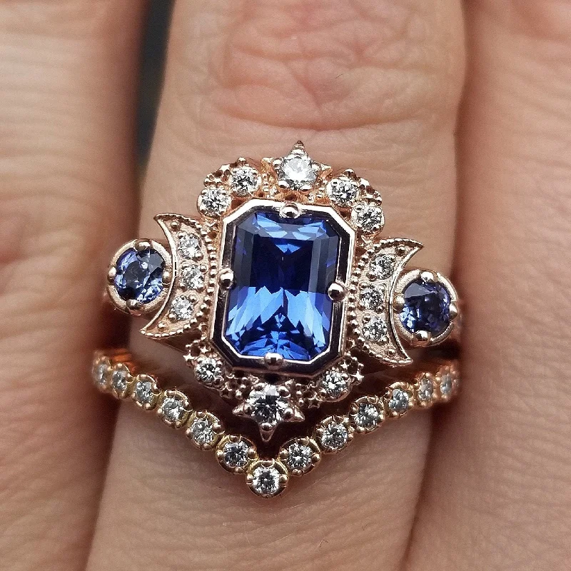 Chatham Sapphire Selene Celestial Engagement Ring Set - Diamonds and Emerald Cut Blue Chatham Sapphires - 14k Rose Gold