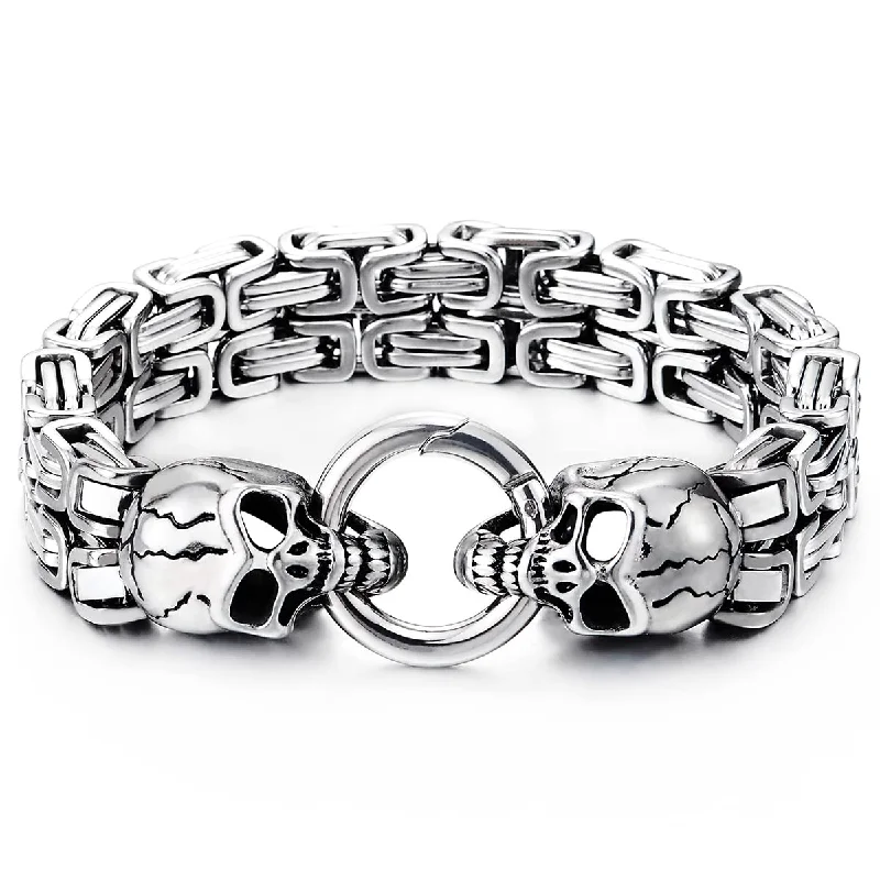 Mens Stainless Steel Two-strand Braided Byzantine Chain Bracelet with Skulls and Spring Ring Clasp